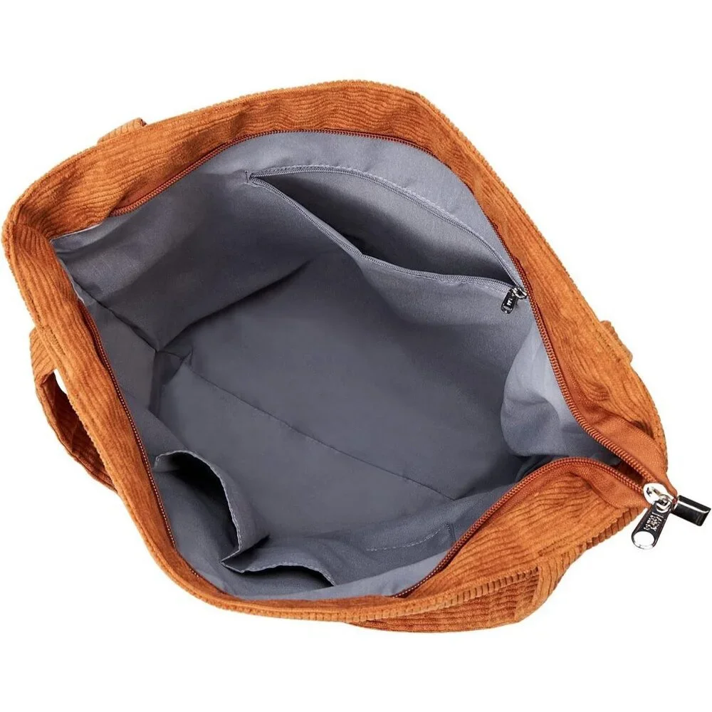 Women Corduroy Zipper Casual Tote Big Capacity Bag with Pockets - Picture 7 of 9